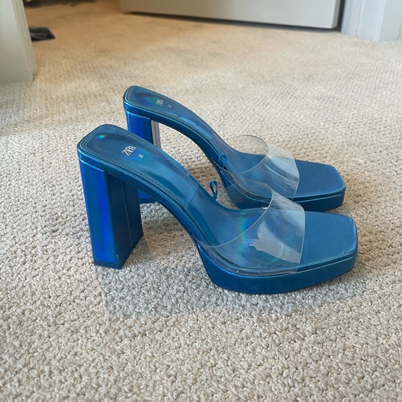 Zara High Heeled Vinyl Sandals Metallic Blue - Picture 2 of 6
